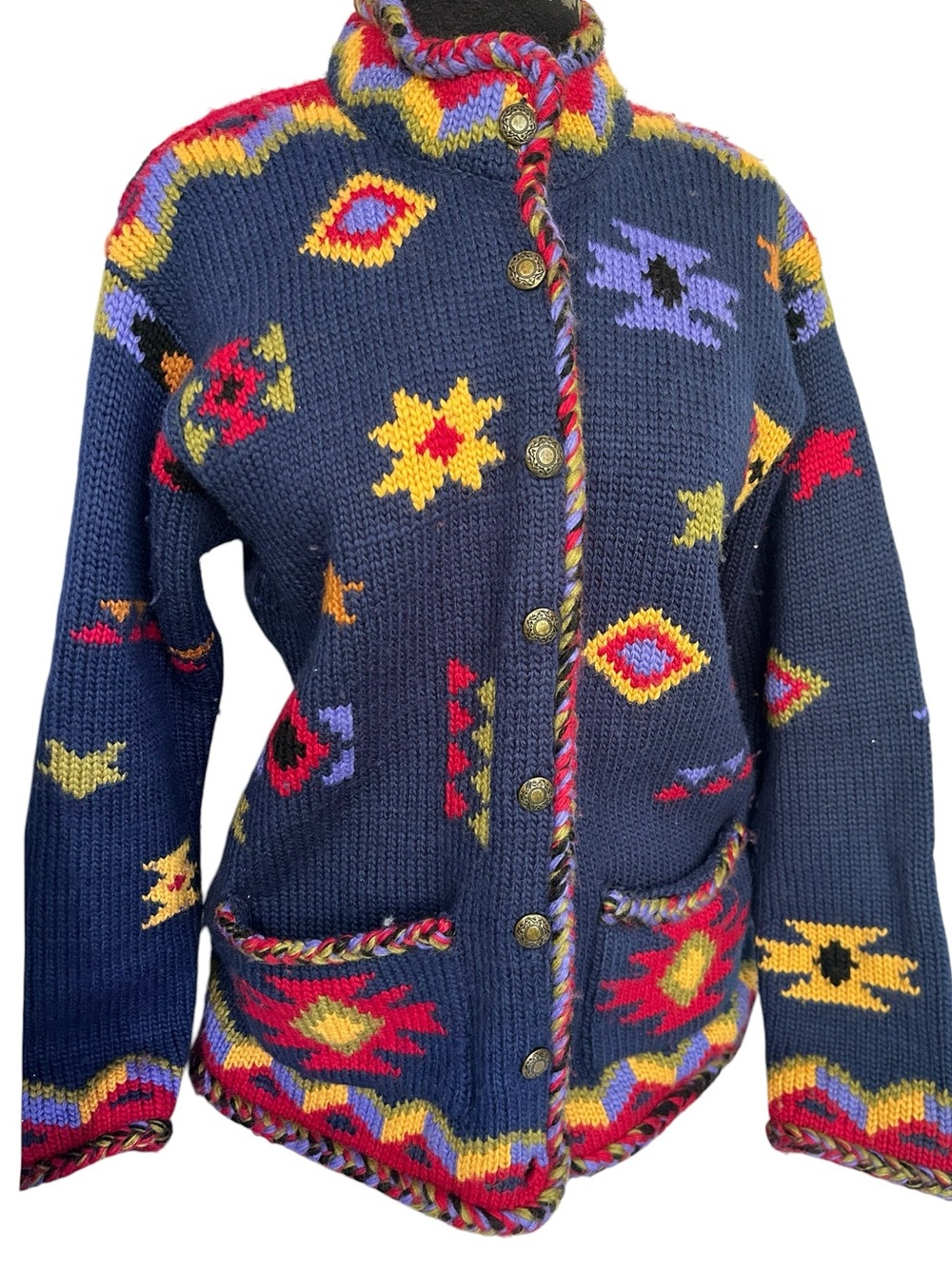 VTG Coldwater Creek Wool Sweater Coat S Southwest Aztec Heavy Warm Hong Kong